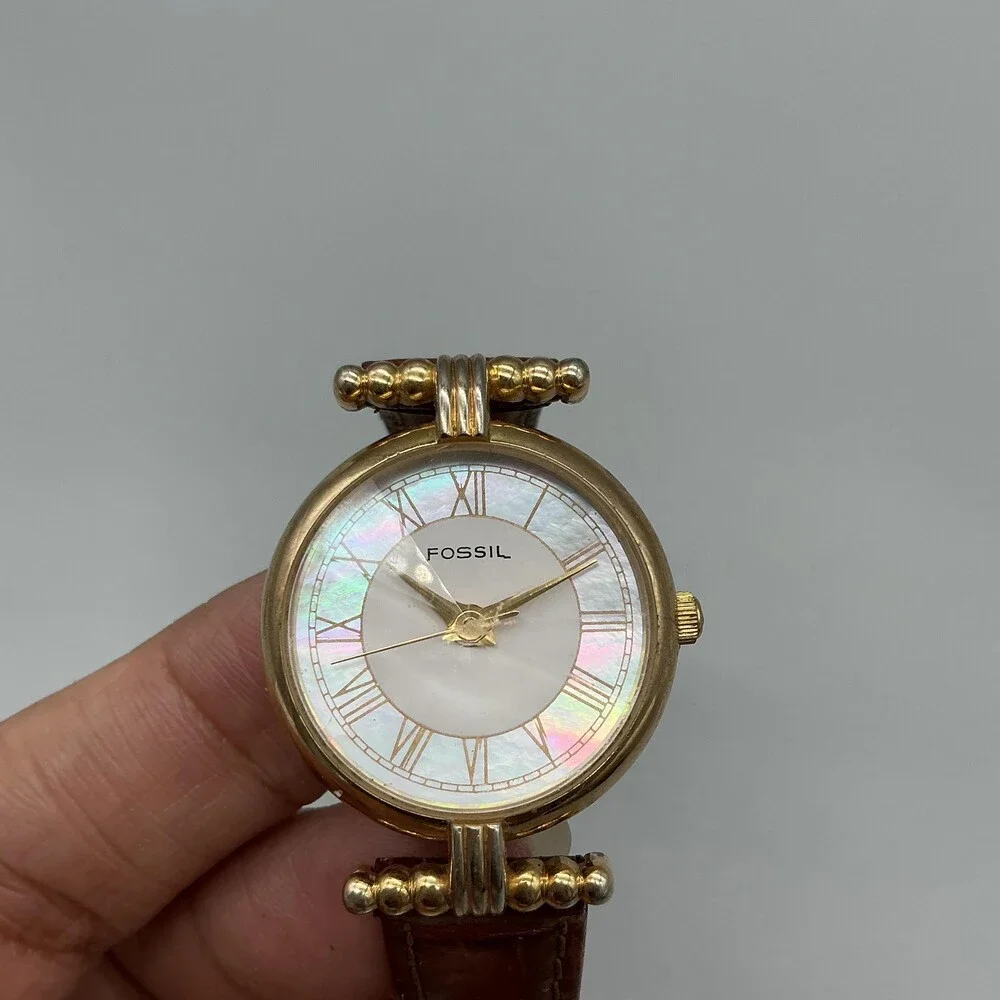 Vintage Fossil PC-9211 Womens Watch 27mm MOP Rivoli Brown Leather New Battery